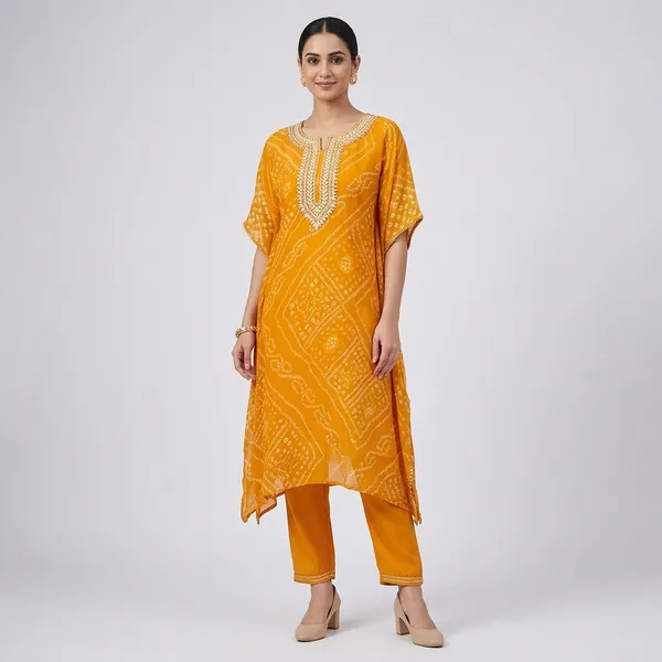 Export_Chinnon_Premium_Bhandej_Hand_Work_Kaftan_Pattern_Kurti_With_Premium_Pant_At_Manufacturing_Rate_Wacd126_01_Orange