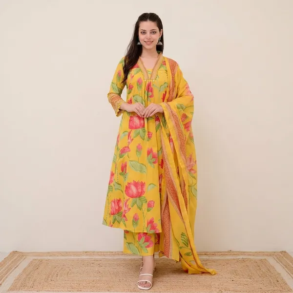 New_Stylish_And_Affordable_Beautiful_Look_Straight_Alia_Cut_Set_With_Beautiful_Print_And_Fabric_Pure_Cotton_Swsk14_Yellow