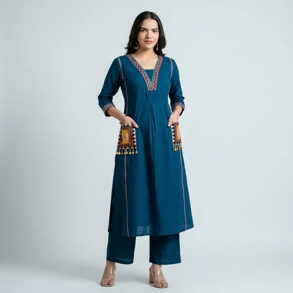 New_Stylish_And_Affordable_Beautiful_Look_Start_A_Line_Set_With_Beautiful_Elephant_Print_And_Fabric_Pure_Cotton_Swsk05_Navy_Blue