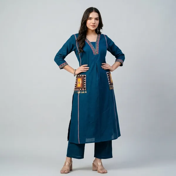 New_Stylish_And_Affordable_Beautiful_Look_Start_A_Line_Set_With_Beautiful_Elephant_Print_And_Fabric_Pure_Cotton_Swsk05_Navy_Blue