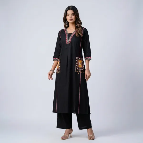 New_Stylish_And_Affordable_Beautiful_Look_Start_A_Line_Set_With_Beautiful_Elephant_Print_And_Fabric_Pure_Cotton_Swsk05_Black
