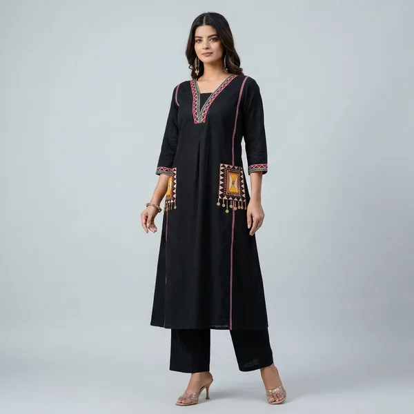 New_Stylish_And_Affordable_Beautiful_Look_Start_A_Line_Set_With_Beautiful_Elephant_Print_And_Fabric_Pure_Cotton_Swsk05_Black