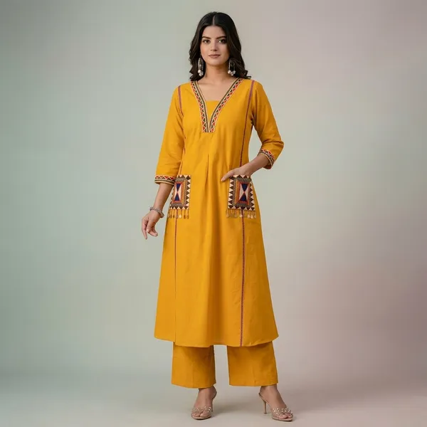 New_Stylish_And_Affordable_Beautiful_Look_Start_A_Line_Set_With_Beautiful_Elephant_Print_And_Fabric_Pure_Cotton_Swsk05_Yellow