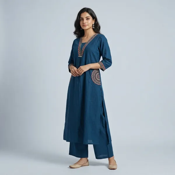 Fine_Cotton_Flex_Fabric_Beautiful_Embroidery_On_Neck_Sleeves_Pocket_Kurti_With_Plazo_With_Cotton_Cotton_Flex_Swsk03_Navy_Blue