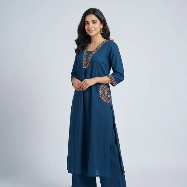 Fine_Cotton_Flex_Fabric_Beautiful_Embroidery_On_Neck_Sleeves_Pocket_Kurti_With_Plazo_With_Cotton_Cotton_Flex_Swsk03_Navy_Blue