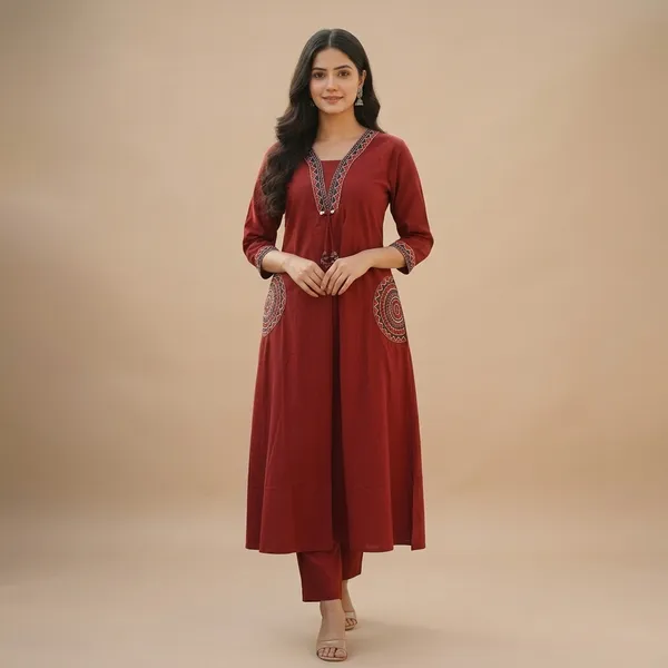 Fine_Cotton_Flex_Fabric_Beautiful_Embroidery_On_Neck_Sleeves_Pocket_Kurti_With_Plazo_With_Cotton_Cotton_Flex_Swsk03_Red