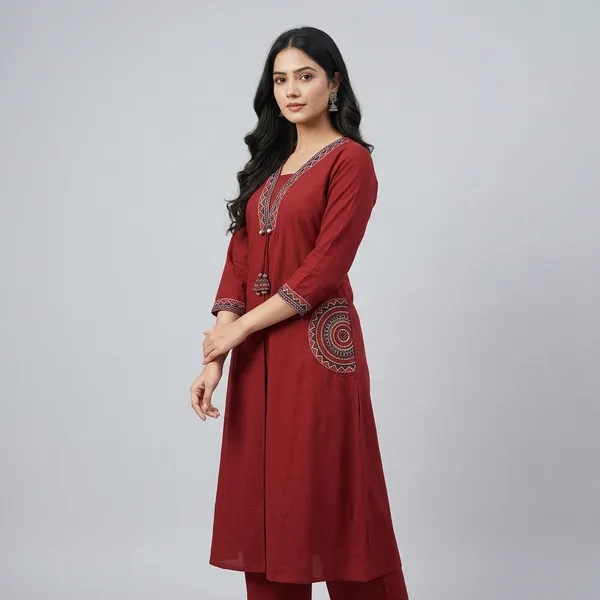 Fine_Cotton_Flex_Fabric_Beautiful_Embroidery_On_Neck_Sleeves_Pocket_Kurti_With_Plazo_With_Cotton_Cotton_Flex_Swsk03_Red
