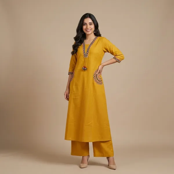 Fine_Cotton_Flex_Fabric_Beautiful_Embroidery_On_Neck_Sleeves_Pocket_Kurti_With_Plazo_With_Cotton_Cotton_Flex_Swsk03_Yellow