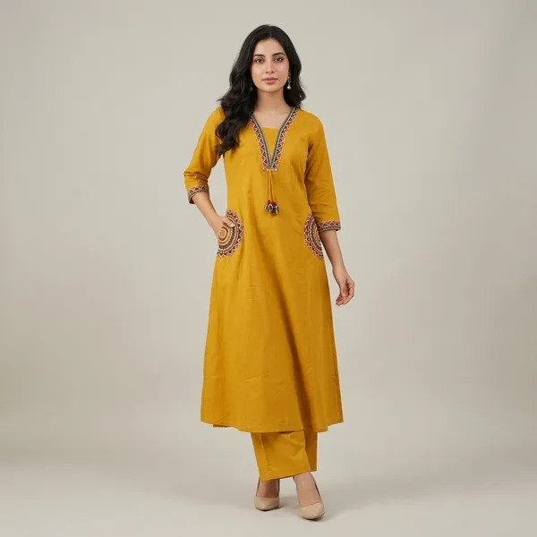 Fine_Cotton_Flex_Fabric_Beautiful_Embroidery_On_Neck_Sleeves_Pocket_Kurti_With_Plazo_With_Cotton_Cotton_Flex_Swsk03_Yellow