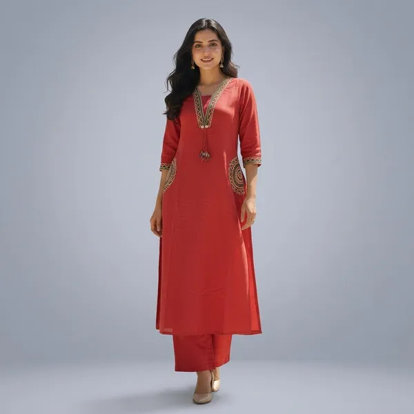 Fine_Cotton_Flex_Fabric_Beautiful_Embroidery_On_Neck_Sleeves_Pocket_Kurti_With_Plazo_With_Cotton_Cotton_Flex_Swsk03_Rust_Orange