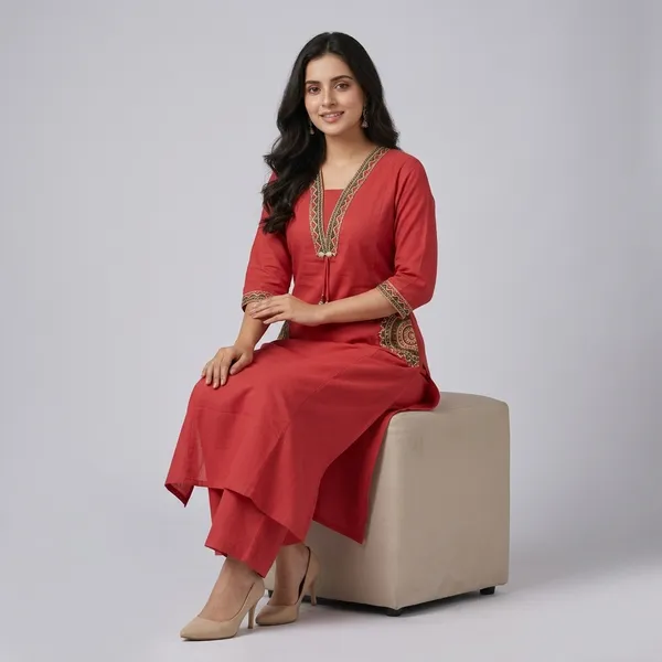 Fine_Cotton_Flex_Fabric_Beautiful_Embroidery_On_Neck_Sleeves_Pocket_Kurti_With_Plazo_With_Cotton_Cotton_Flex_Swsk03_Rust_Orange