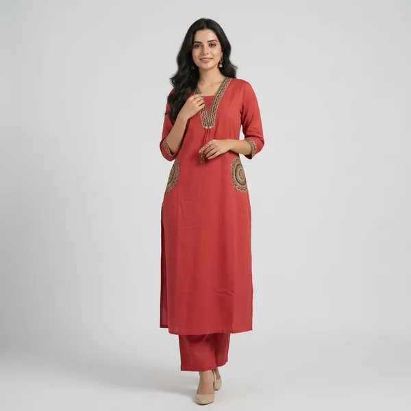 Fine_Cotton_Flex_Fabric_Beautiful_Embroidery_On_Neck_Sleeves_Pocket_Kurti_With_Plazo_With_Cotton_Cotton_Flex_Swsk03_Pink