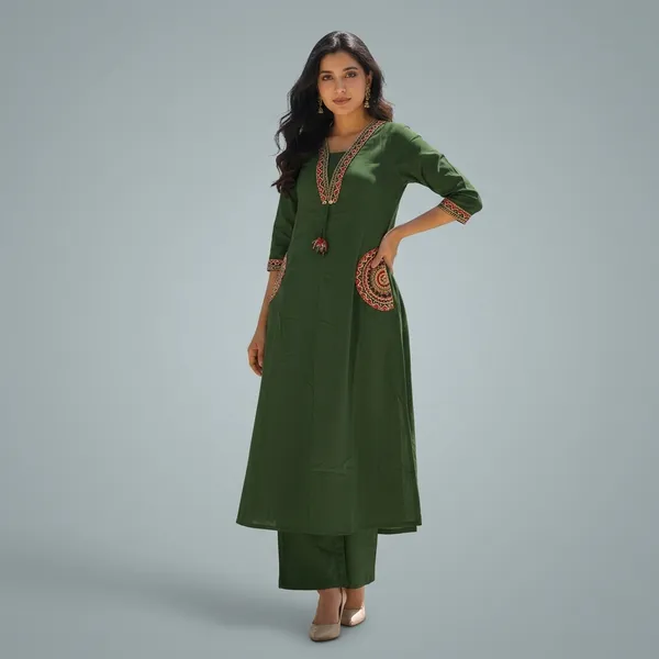 Fine_Cotton_Flex_Fabric_Beautiful_Embroidery_On_Neck_Sleeves_Pocket_Kurti_With_Plazo_With_Cotton_Cotton_Flex_Swsk03_Green