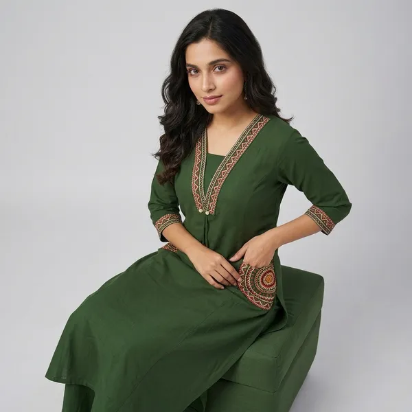 Fine_Cotton_Flex_Fabric_Beautiful_Embroidery_On_Neck_Sleeves_Pocket_Kurti_With_Plazo_With_Cotton_Cotton_Flex_Swsk03_Green