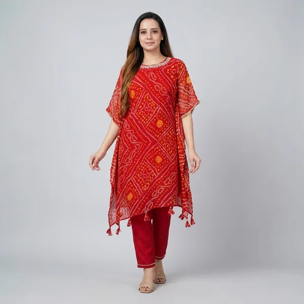 Export_Chinnon_Premium_Bhandej_Hand_Work_Kaftan_Pattern_Kurti_With_Premium_Pant_At_Manufacturing_Rate_Wacd126_01_Red