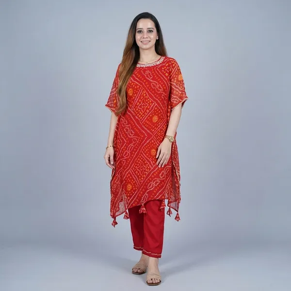 Export_Chinnon_Premium_Bhandej_Hand_Work_Kaftan_Pattern_Kurti_With_Premium_Pant_At_Manufacturing_Rate_Wacd126_01_Red