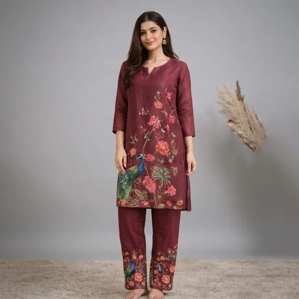 Maroon_Floral_Printed_Kurta_Set_With_Peacock_Motif_For_Women_Swdh10