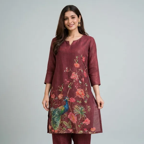 Maroon_Floral_Printed_Kurta_Set_With_Peacock_Motif_For_Women_Swdh10