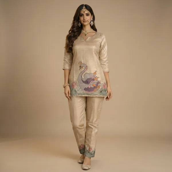 Beige_Swan_Motif_Embroidered_Kurta_Set_Swdh19