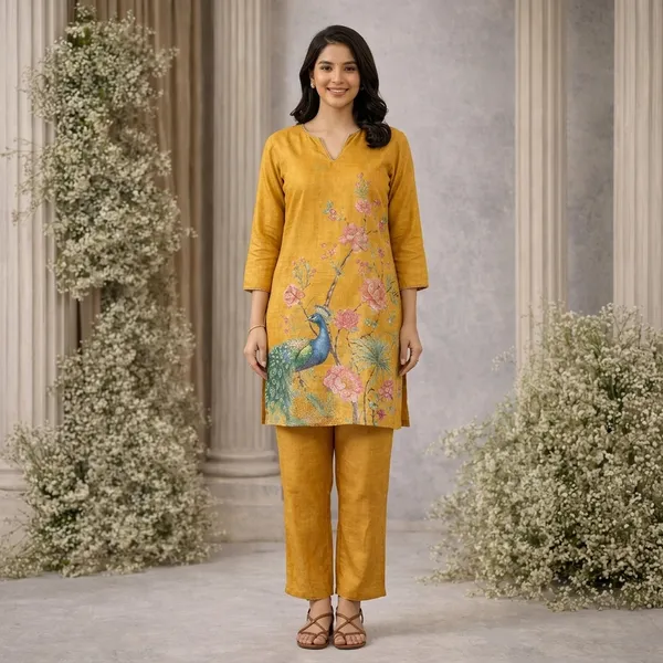 Mustard_Yellow_Floral_Peacock_Printed_Kurta_Pant_Set_Swdh25