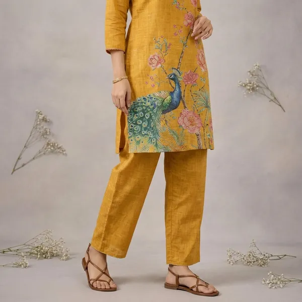 Mustard_Yellow_Floral_Peacock_Printed_Kurta_Pant_Set_Swdh25