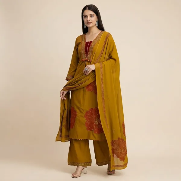 Mustard_Yellow_Floral_Printed_Kurta_Palazzo_Set_With_Dupatta_Rd32