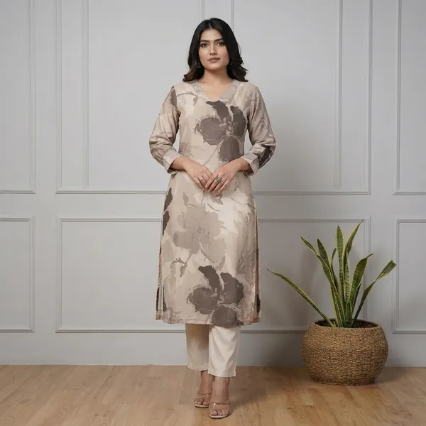 Enjoy_New_Floral_Kurta_Pant_Set_With_Amazing_Lace_Work_Rd03_Nude_Cream