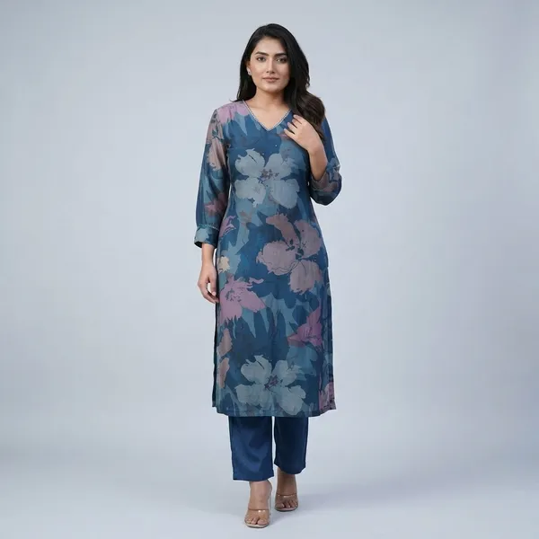 Enjoy_New_Floral_Kurta_Pant_Set_With_Amazing_Lace_Work_Rd03_Navy_Blue