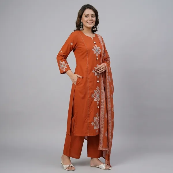 Fine_Cotton_Fabric_With_Beautiful_Embroidery_On_Neck_Sleeves_Kurti_With_Plazo_With_One_Side_Pockets_On_Pant_Swsk57