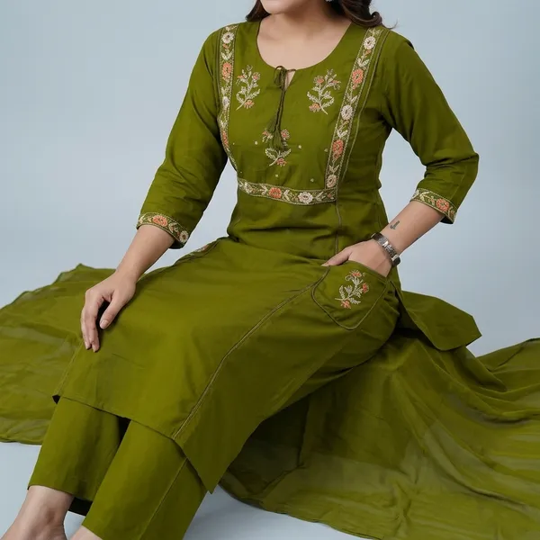 Fine_Cotton_Fabric_With_Beautiful_Embroidery_On_Neck_Sleeves_Kurti_With_Plazo_With_One_Side_Pocket_On_Pant_Swsk59_Green