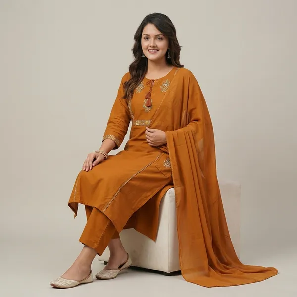 Fine_Cotton_Fabric_With_Beautiful_Embroidery_On_Neck_Sleeves_Kurti_With_Plazo_With_One_Side_Pocket_On_Pant_Swsk59_Rust_Orange