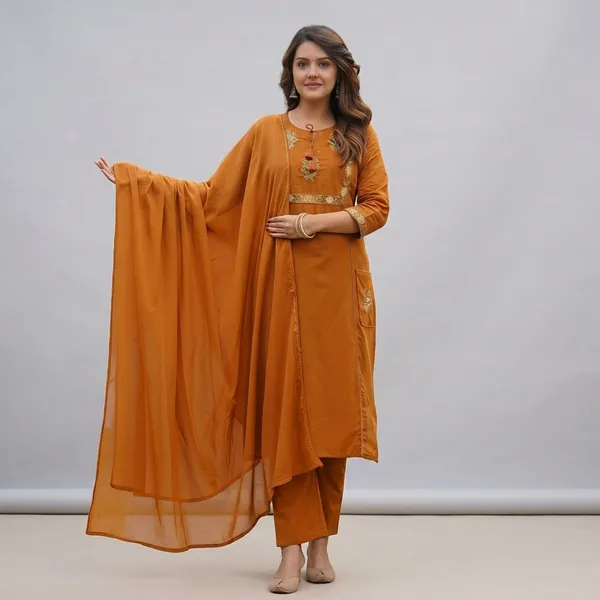Fine_Cotton_Fabric_With_Beautiful_Embroidery_On_Neck_Sleeves_Kurti_With_Plazo_With_One_Side_Pocket_On_Pant_Swsk59_Rust_Orange