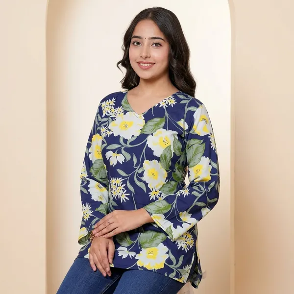 Elevate_Your_Ethnic_Wardrobe_With_This_Chic_And_Vibrant_Fuchsia_Pink_Blue_Skay_Green_Kurti_Featuring_A_Striking_White_Lily_Print_This_Piece_Is_Designed_For_The_Modern_Woman_Who_Loves_A_Mix_Of_Classic_Charm_And_Edgy_Details_Rrrd40_Navy