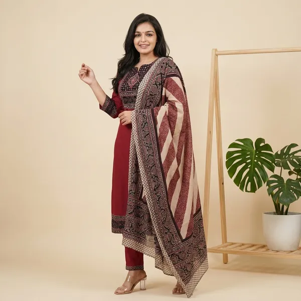 Elegant_Maroon_Black_Printed_Kurta_Set_With_Dupatta_Rd44_Mehroon