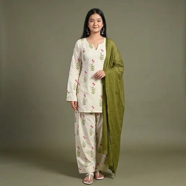 Rosette_Floral_Kurta_Palazzo_Dupatta_Set_Rd61_Olive_Green