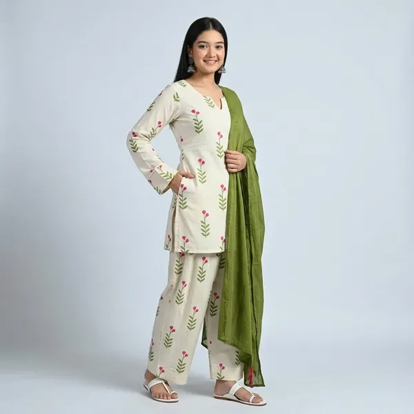 Rosette_Floral_Kurta_Palazzo_Dupatta_Set_Rd61_Olive_Green