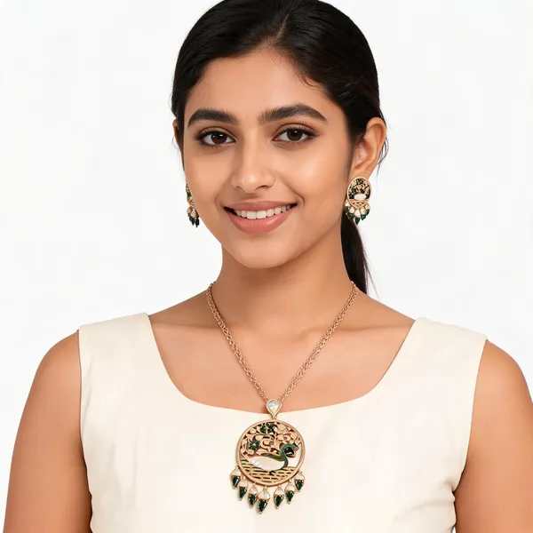 Gold_And_Green_Stone_Brass_Peacock_Motif_Necklace_Set_For_Women