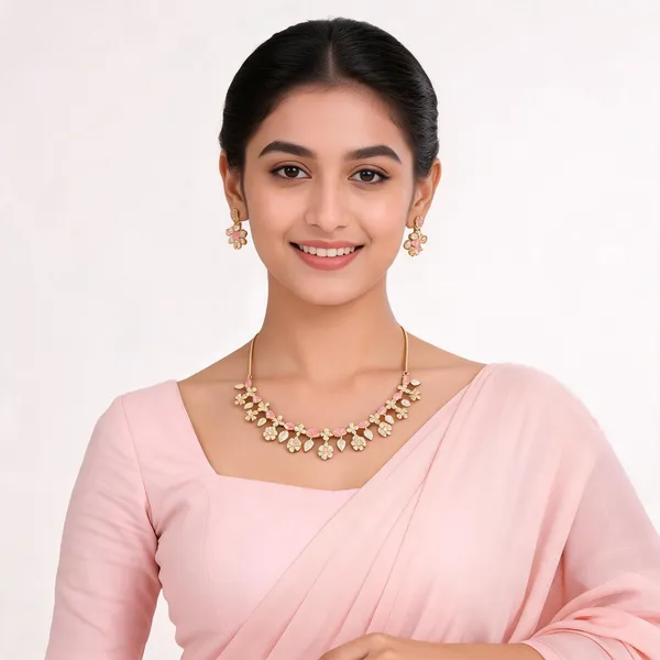 Gold_And_Pink_Stone_Brass_Floral_Necklace_Set_For_Women