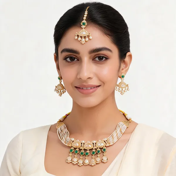 Gold_And_Green_Pearl_Moti_Brass_Necklace_Earring_Maang_Tikka_Set_For_Women