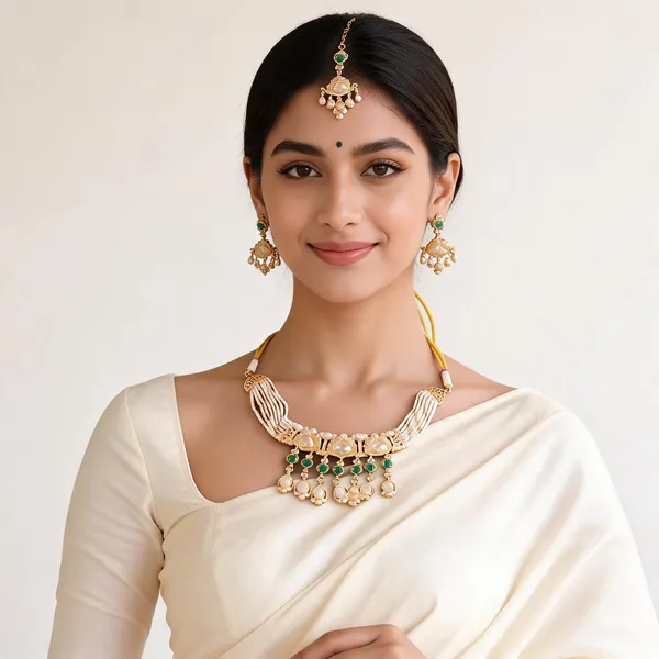 Gold_And_Green_Pearl_Moti_Brass_Necklace_Earring_Maang_Tikka_Set_For_Women
