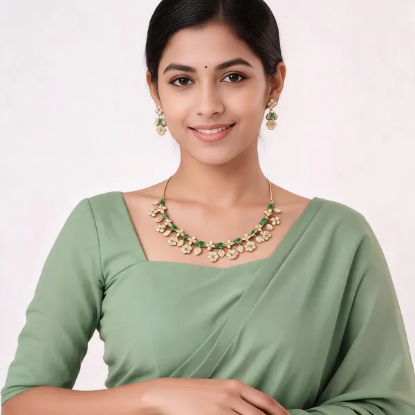 Gold_And_Green_Stone_Brass_Floral_Necklace_Set_For_Women