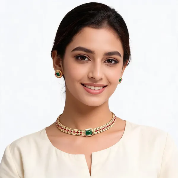 Gold_And_Green_Stone_Brass_Choker_Necklace_Set_For_Women