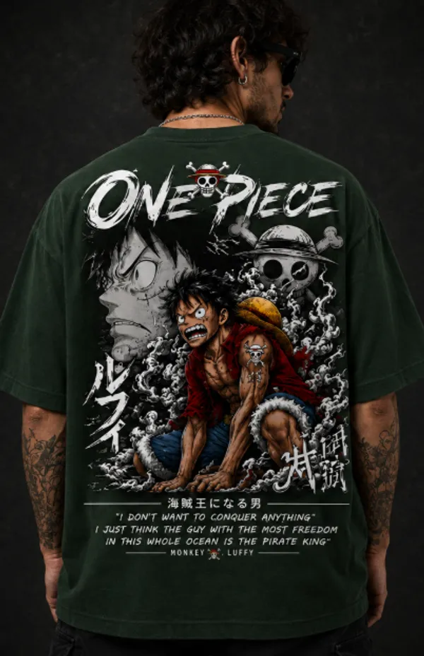 ONE_PIECE_Graphic_Tee_-_Forest_Green_Embroidered_Oversized_Drop_Shoulder_for_Unisex