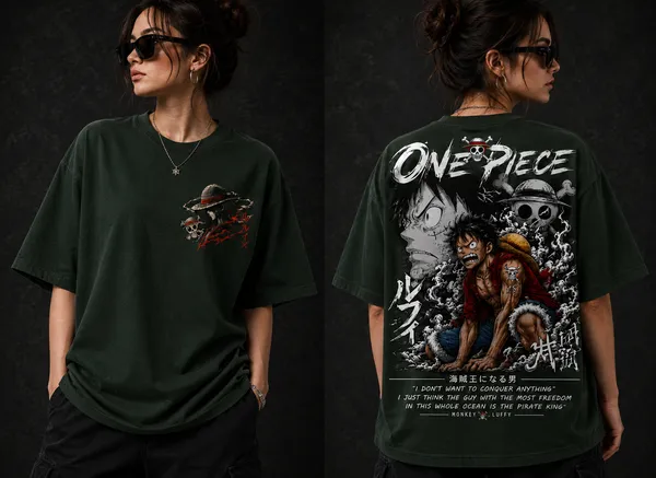 ONE_PIECE_Graphic_Tee_-_Forest_Green_Embroidered_Oversized_Drop_Shoulder_for_Unisex