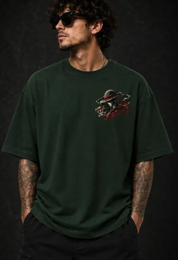 ONE_PIECE_Graphic_Tee_-_Forest_Green_Embroidered_Oversized_Drop_Shoulder_for_Unisex