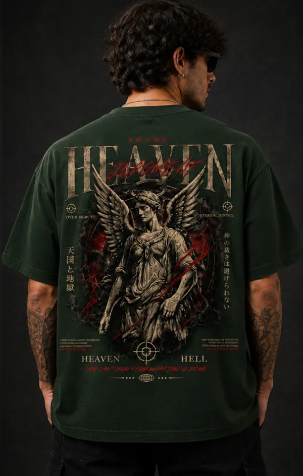 Heaven_Hell_Graphic_Tee_-_Forest_Green_Embroidered_Oversized_Drop_Shoulder_for_Unisex