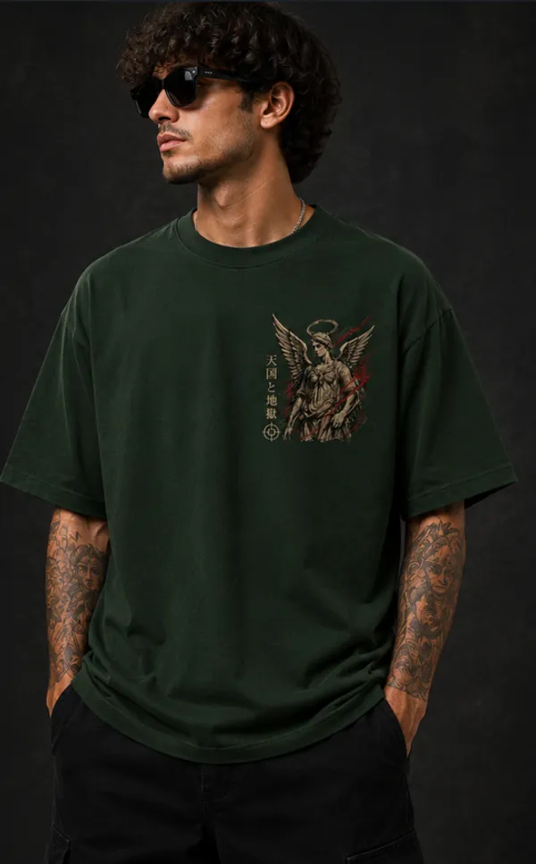 Heaven_Hell_Graphic_Tee_-_Forest_Green_Embroidered_Oversized_Drop_Shoulder_for_Unisex