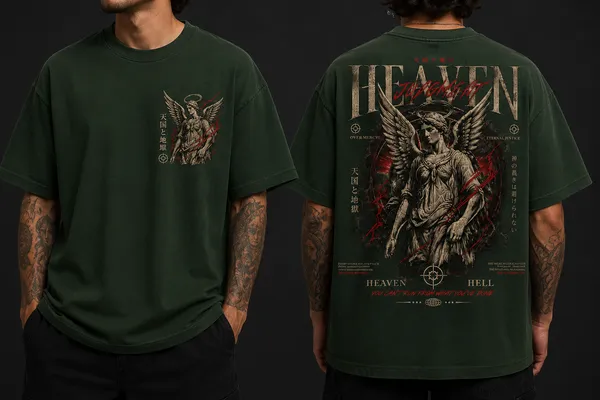 Heaven_Hell_Graphic_Tee_-_Forest_Green_Embroidered_Oversized_Drop_Shoulder_for_Unisex