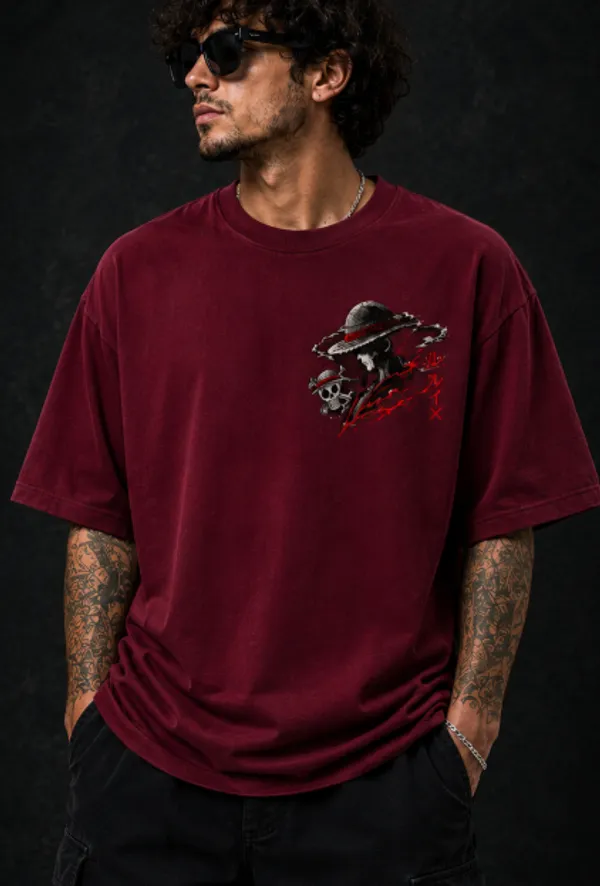 ONE_PIECE_Graphic_Tee_-_Wine_Maroon_Embroidered_Oversized_Drop_Shoulder_for_Unisex