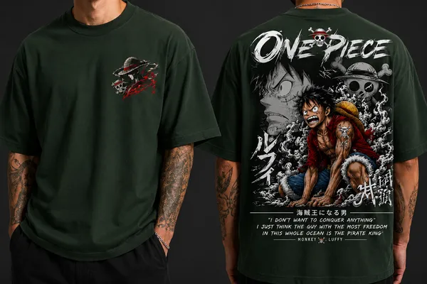 ONE_PIECE_Graphic_Tee_-_Forest_Green_Embroidered_Oversized_Drop_Shoulder_for_Unisex